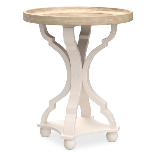 Farmhouse Cottagecore End Table, Rustic Wood Tray Top Round Accent Table with White Curved Legs for Family Room, Living Room, or Small Spaces
