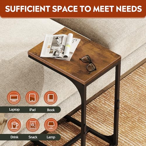 C Shaped End Table, Small Couch Side Tables with Metal Frame that Slide Under, Sofa Table TV Tray for Living Room, Bedroom, Rustic Brown