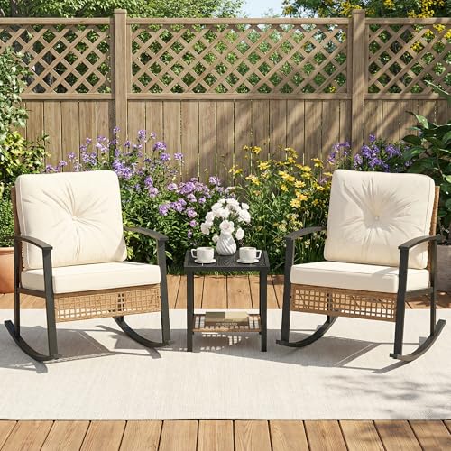 3-Piece Outdoor Rocking Chairs Bistro Set, Rattan Patio Furniture with Thick Warm Beige Cushions & 2-Tier Storage Coffee Table for Garden, Porch, Balcony,Backyard