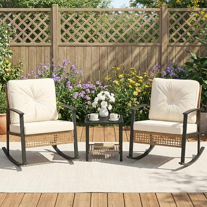 3-Piece Outdoor Rocking Chairs Bistro Set, Rattan Patio Furniture with Thick Warm Beige Cushions & 2-Tier Storage Coffee Table for Garden, Porch, Balcony,Backyard