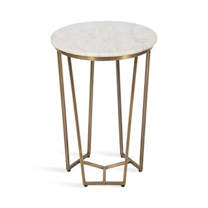 Solvay Round Metal and Marble Side Table; 16 x 16 x 24; White Marble and Antique Brass; Modern Glam Bedroom Nightstand Table with Premium Natural Marble Stone and Iron Base