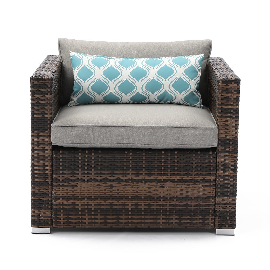 All-Weather Patio Chair, Single Brown Wicker Chair with Thick Gray Cushions & Teal Pillow, Outdoor Rocking Chair for Porch, Garden, Poolside