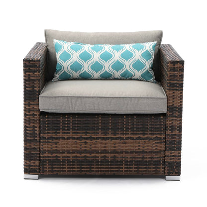 All-Weather Patio Chair, Single Brown Wicker Chair with Thick Gray Cushions & Teal Pillow, Outdoor Rocking Chair for Porch, Garden, Poolside