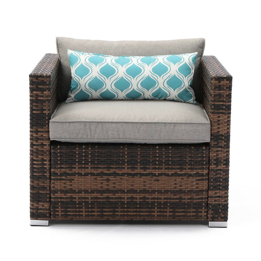 All-Weather Patio Chair, Single Brown Wicker Chair with Thick Gray Cushions & Teal Pillow, Outdoor Rocking Chair for Porch, Garden, Poolside
