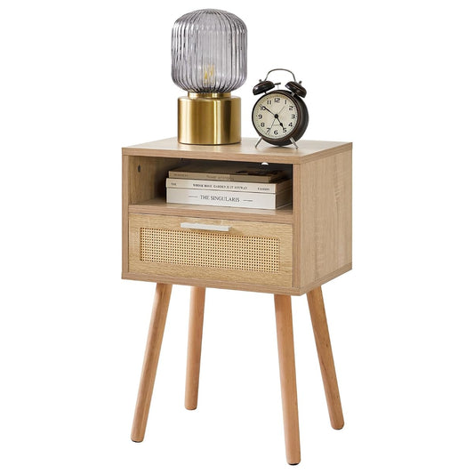 Natural boho rattan bedside table with drawer and shelf