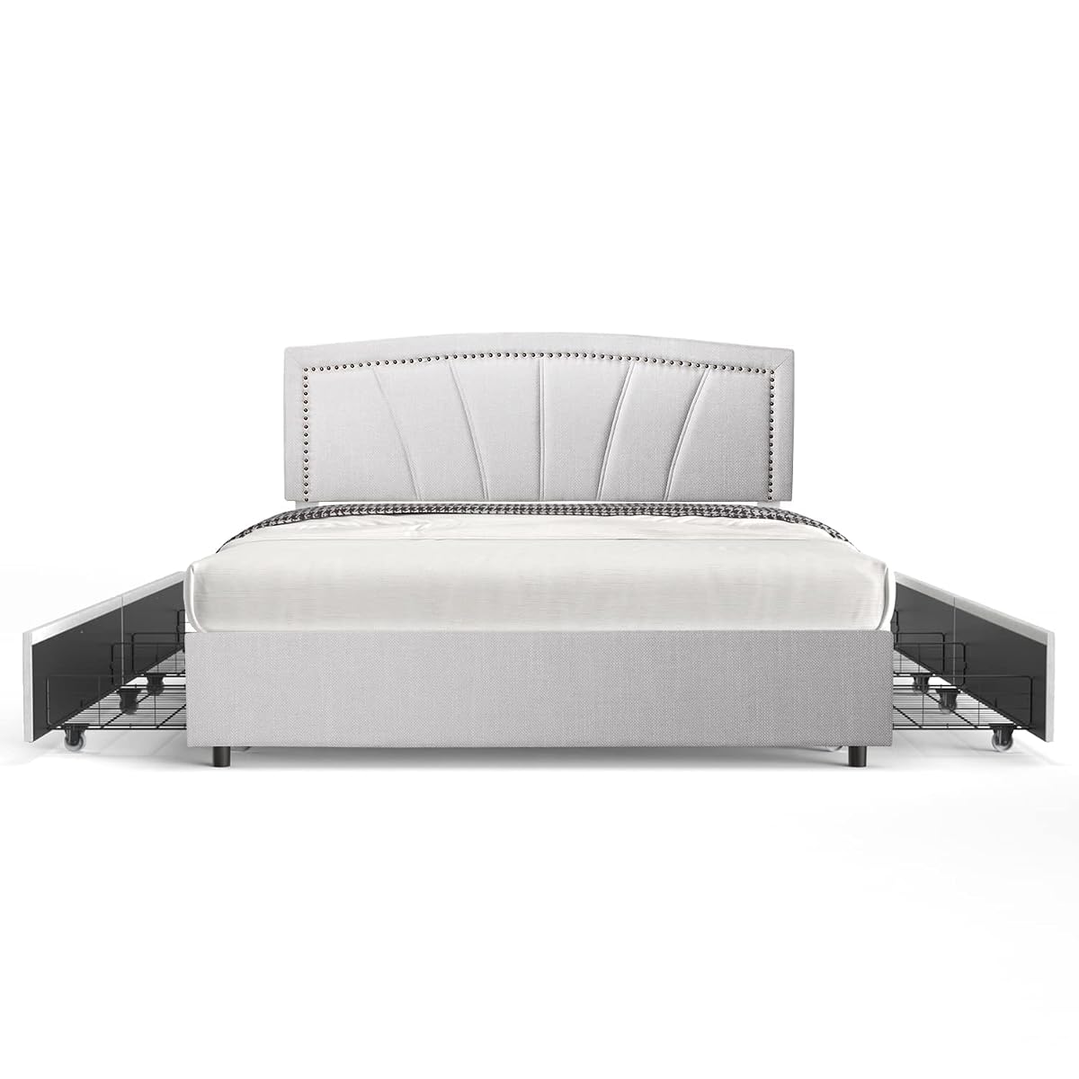 Storage Bed Frame Upholstered Low Profile Traditional Platform with Tufted and Nail Headboard/No Box Spring Needed/4 Pull Out Drawers/Light Grey Linen Fabric (Full Size)