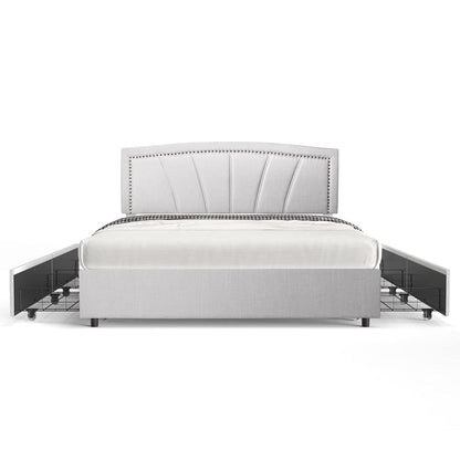 Storage Bed Frame Upholstered Low Profile Traditional Platform with Tufted and Nail Headboard/No Box Spring Needed/4 Pull Out Drawers/Light Grey Linen Fabric (Full Size)