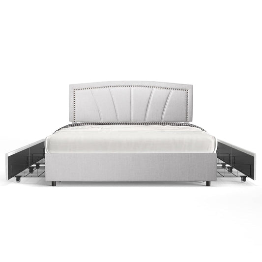 Storage Bed Frame Upholstered Low Profile Traditional Platform with Tufted and Nail Headboard/No Box Spring Needed/4 Pull Out Drawers/Light Grey Linen Fabric (Full Size)