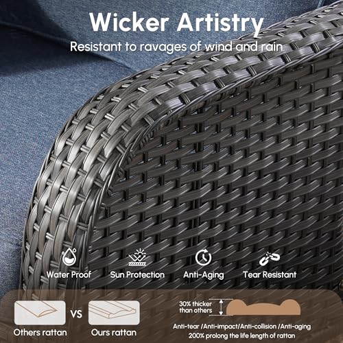 4 Pieces Wicker Patio Furniture - All-Weather PE Wicker Outdoor Conversation Bistro Set Loveseat Chairs with Table,Outdoor Rattan Sofa Chair High Back Deep Seating,Blue