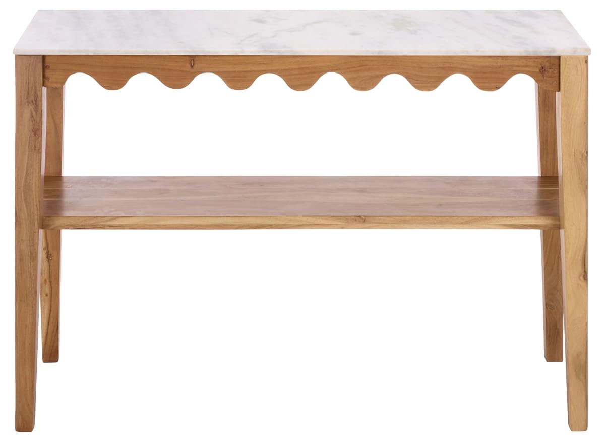 SAFAVIEH Furniture - Zemfira Console Table - White & Natural - Marble Top with Shelf Storage - Scalloped Design for Entryway, Living Room & Hallway, 42.5" W x 14.5" D x 30" H (CNS3709A)