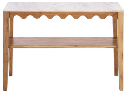 SAFAVIEH Furniture - Zemfira Console Table - White & Natural - Marble Top with Shelf Storage - Scalloped Design for Entryway, Living Room & Hallway, 42.5" W x 14.5" D x 30" H (CNS3709A)