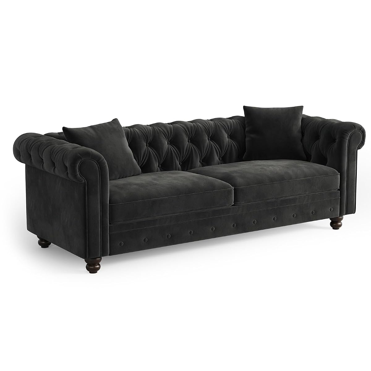 82 Inch Chesterfield Sofa, 23 Inch Deep Seat Velvet Couch for Living Room, Button Tufted Couch with Rolled Arms, 2 Throw Pillows, Comfy Vintage Loveseat Sofa for Apartment, Black