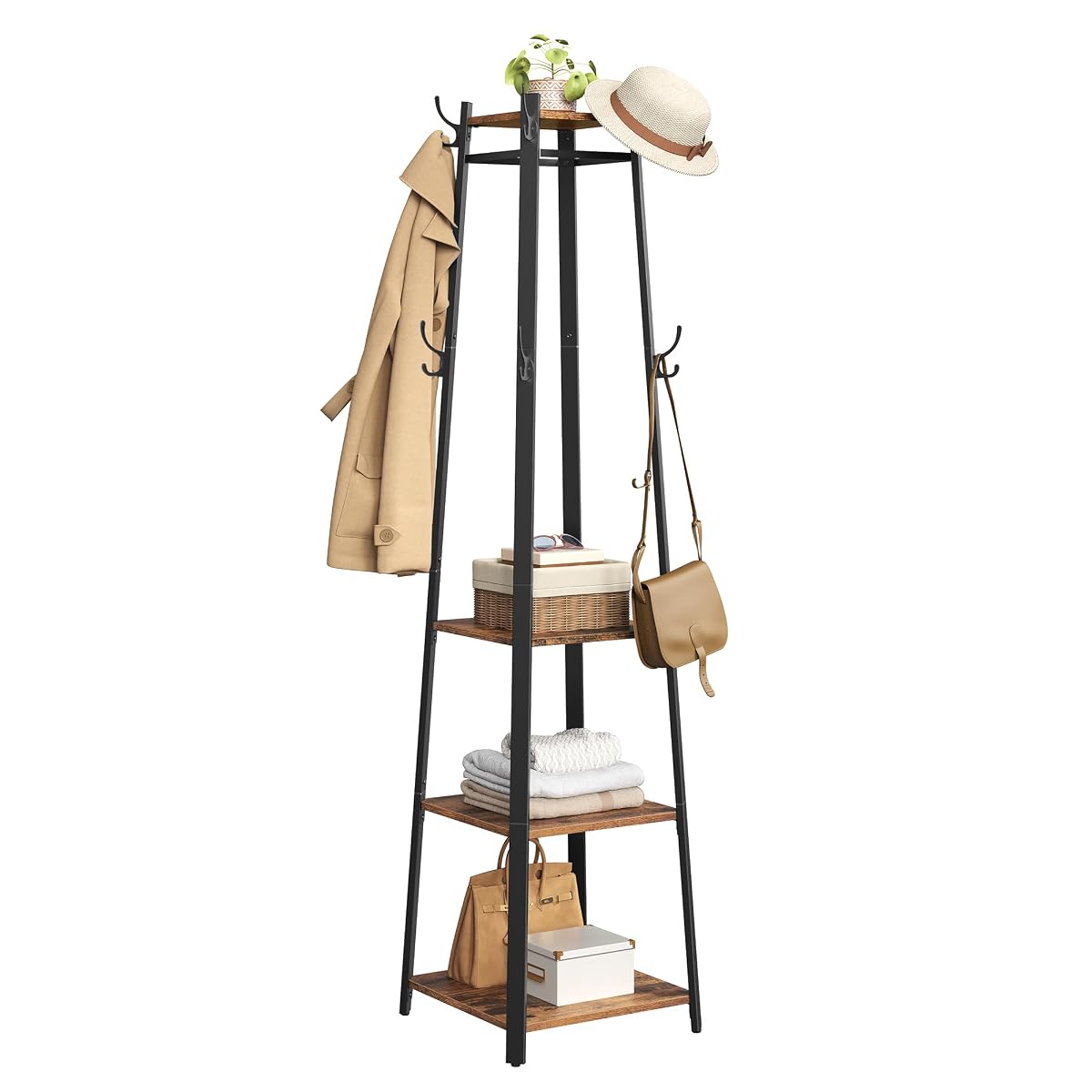 Coat Rack Freestanding, Hall Tree with 4 Shelves