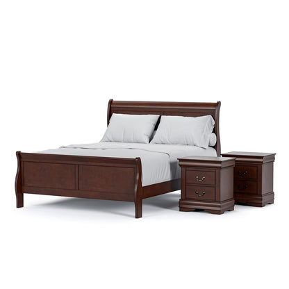 Louis Philippe Traditional Solid Wood 3 Piece Bedroom Set, Queen Bed Frame and Nightstands Set of 2, Sleigh Design Bedframe with Headboard and Footboard, Box Spring Needed, Cherry