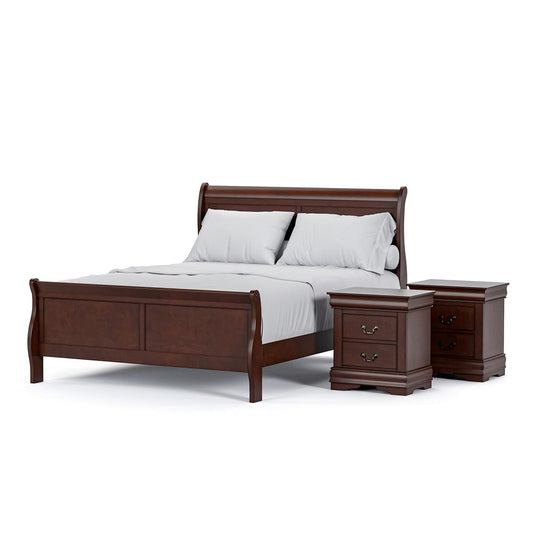 Louis Philippe Traditional Solid Wood 3 Piece Bedroom Set, Queen Bed Frame and Nightstands Set of 2, Sleigh Design Bedframe with Headboard and Footboard, Box Spring Needed, Cherry