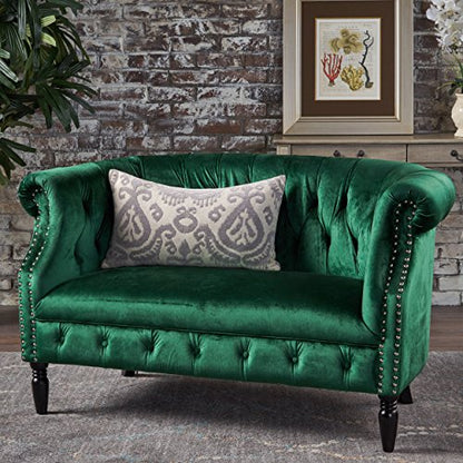 Melaina Tufted Chesterfield Velvet Loveseat with Scrolled Arms, Emerald and Dark Brown.