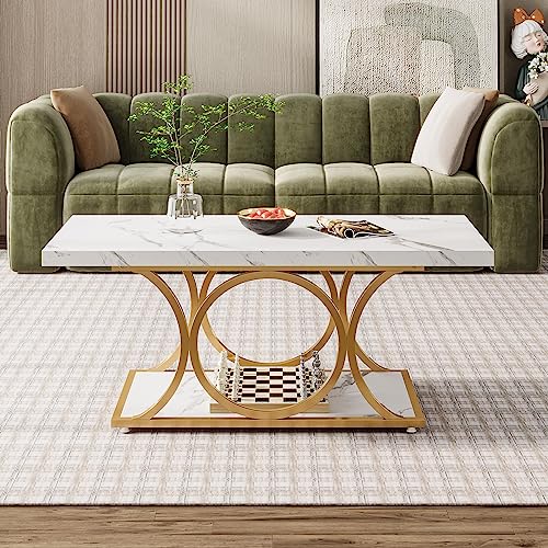 Tribesigns 46.45” Rectangle Coffee Table, Modern Coffee Tables for Living Room, 2-Tier Faux Marble Wood Coffee Table with Geometric Legs, Furniture with Storage Shelf (White & Gold)