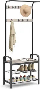 VASAGLE Coat Rack, Hall Tree with Shoe Bench, 4-in-1, 9 Removable Hooks, view 2