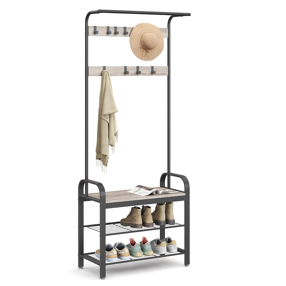 VASAGLE Coat Rack, Hall Tree with Shoe Bench, 4-in-1, 9 Removable Hooks