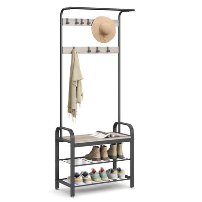 VASAGLE Coat Rack, Hall Tree with Shoe Bench, 4-in-1, 9 Removable Hooks