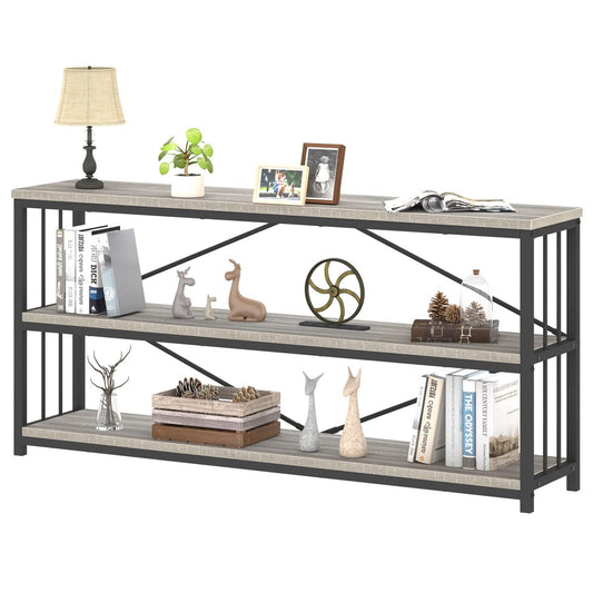 Low Long Horizontal Bookshelf, Industrial Modern 3 Tier Etagere Bookcase, Large Wide Open Rustic Metal and Wood Grey Book Shelf for Bedroom Living Room Home Office Storage, Light Grey Oak, 63 Inch