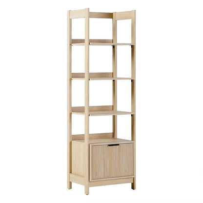 Transitional Reeded Narrow Open Bookshelf with Drawer on Bottom for Home Office, Living Room, Bedroom, 4-Shelf Bookcase with Bottom Storage, 22”W x 16.75”D x 70”H, Coastal Oak