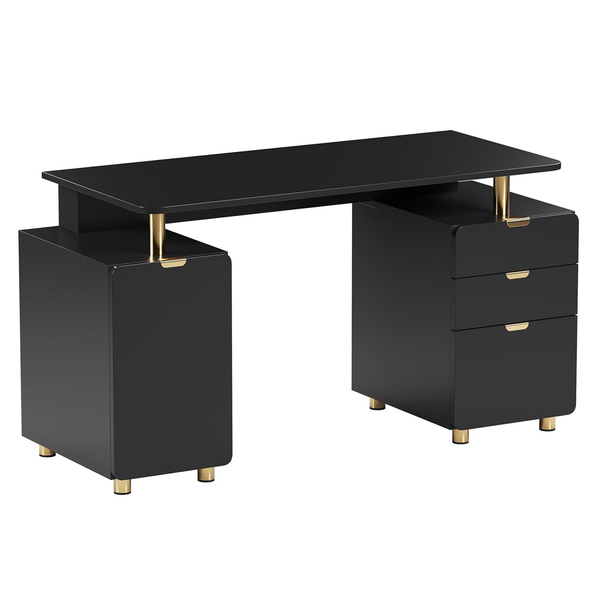 57"W Computer Desk w/ 3 Drawers & Storage Cabinet, Black/Gold