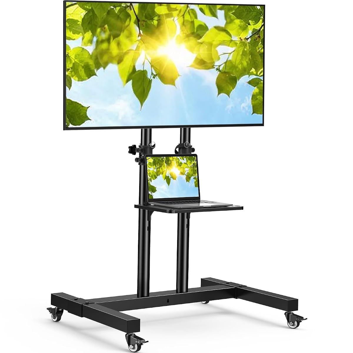 Rolling TV Stand on Wheels for 32-83 Inch Screens up to 110lbs, Mobile TV Cart Height Adjustable Portable Outdoor TV Stand Tilt Rolling TV Cart with Shelf Max VESA 600x400mm PSTVMC03