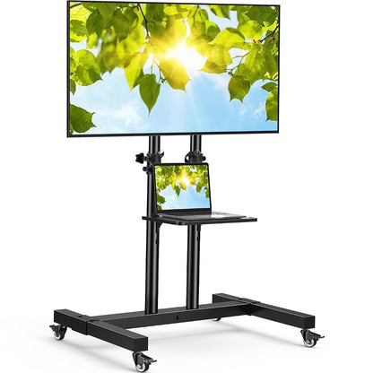 Rolling TV Stand on Wheels for 32-83 Inch Screens up to 110lbs, Mobile TV Cart Height Adjustable Portable Outdoor TV Stand Tilt Rolling TV Cart with Shelf Max VESA 600x400mm PSTVMC03