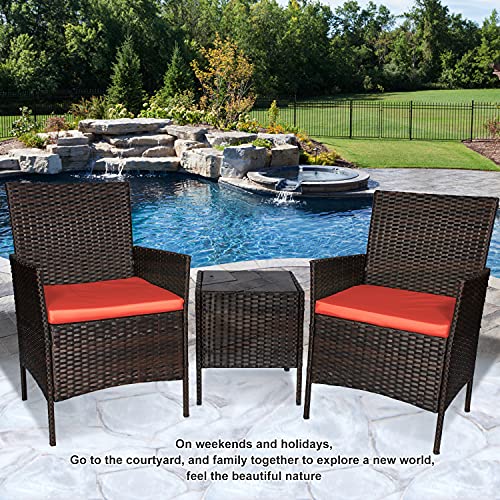Fine Style 3 Piece Patio Furniture Set,Outdoor Wicker Rattan Conversation Set,Porch PE Outdoor Set with Coffee Table, Chairs & Thick Cushions, for Garden Lawn Backyard Pool (Brown-Rust)