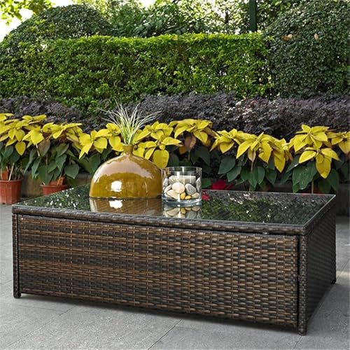 Outdoor Wicker Coffee Table, 44" Glass Top, Brown Finish, Steel Frame with UV-Resistant Resin Wicker, Tempered Glass, Durable Patio Furniture for Backyard or Garden Lounge Use