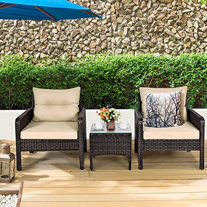 3 Piece Patio Furniture Set, Outdoor Wicker Conversation Bistro Set with 4 Cushions, All Weather PE Rattan Furniture Set for Garden, Backyard, Porch, Poolside (Beige)