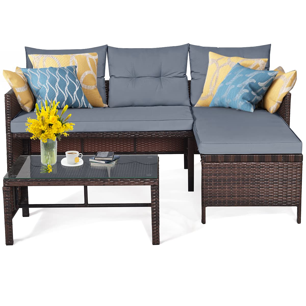 3 Pieces Patio Furniture Set, Sectional Rattan Wicker Sofa Set with Steel Frame & Seat Cushion, Outdoor Conversation Set for Garden Lawn Pool Backyard