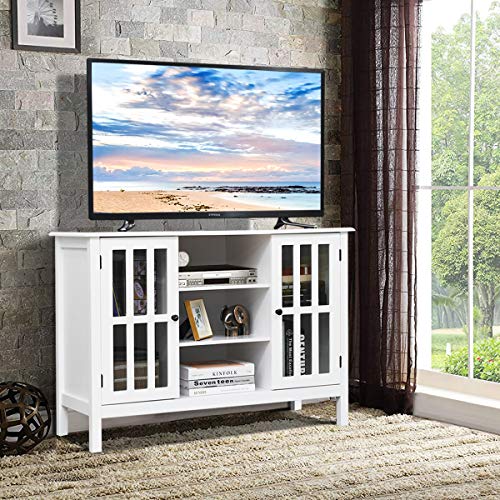 White TV Stand, Modern Tall Entertainment Center for TVs up to 50", Media Console w/2 Storage Cabinets & 3 Open Shelves, Wire Hole, Wood TV Console Table for Living Room, White