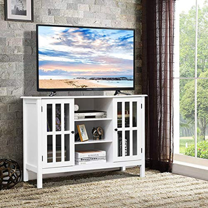 White TV Stand, Modern Tall Entertainment Center for TVs up to 50", Media Console w/2 Storage Cabinets & 3 Open Shelves, Wire Hole, Wood TV Console Table for Living Room, White