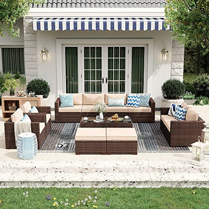 3 Piece Patio Furniture Set, Outdoor Sectional Sofa, PE Wicker Rattan Conversation Set, All Weather Armless Chair and Ottoman with Coffee Table, Brown Wicker Beige Cushion