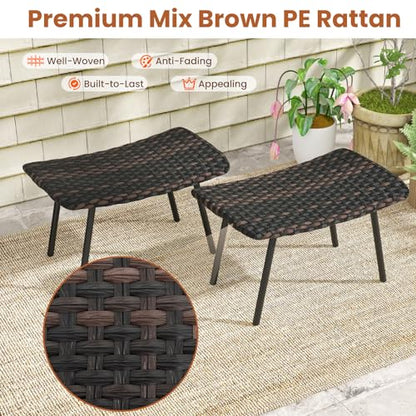 Set of 2 Patio Ottomans, Multipurpose Rattan Ottomans w/Padded Quick Dry Foam & Heavy-Duty Metal Legs, Outdoor Wicker Footrest Extra Seating for Poolside, Backyard All Weather Resistant