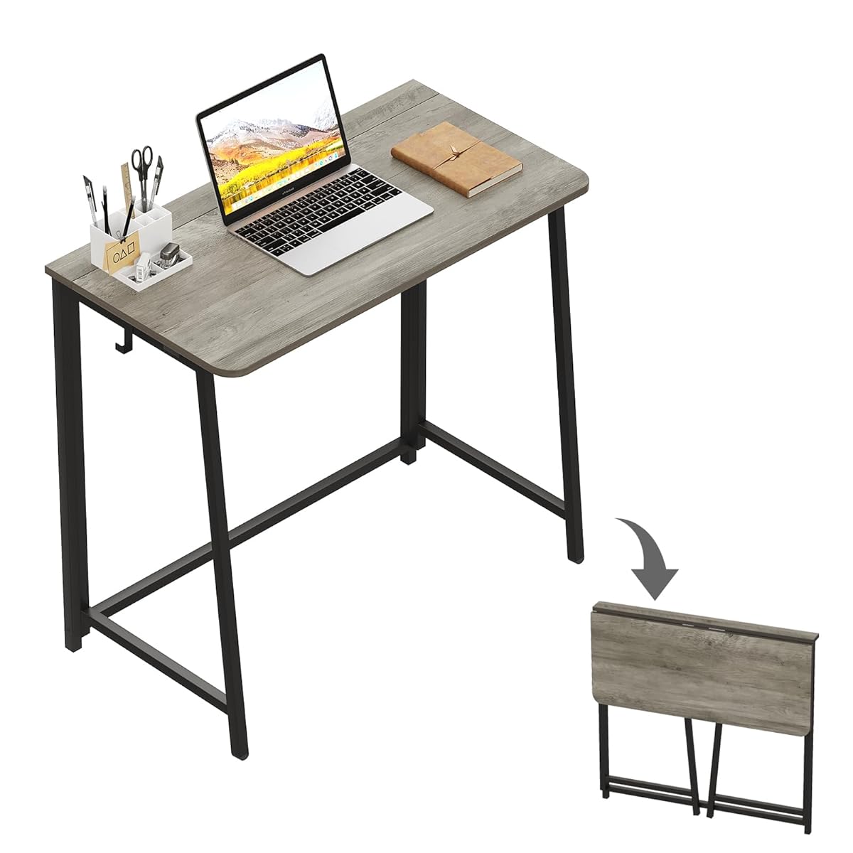 Folding Desk, Small Foldable Desk 31.5" for Small Spaces, Space Saving Computer Table Writing Workstation for Home Office, Easy Assembly, Gray-Wash