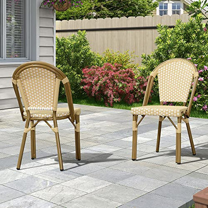 Bistro Chair (Set of 2) French Hand-Woven Wicker Chairs for Outdoor Patio Porch Garden Indoor, Bamboo Print Finish, Cream Yellow, Dining Chairs