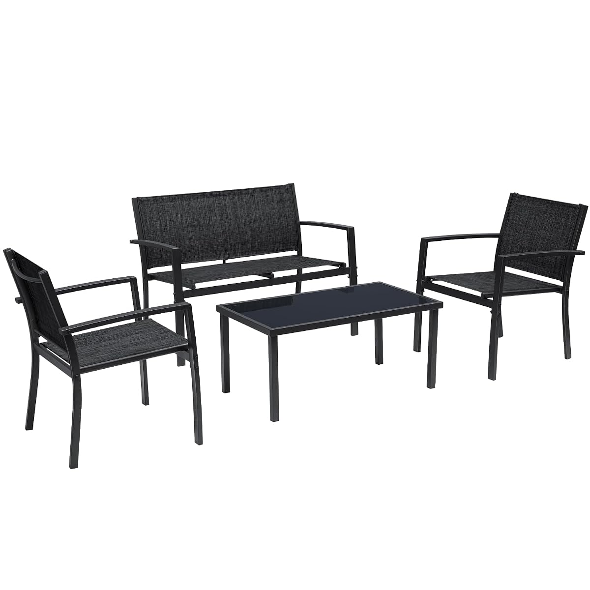 4 Pieces Patio Furniture Set Outdoor Conversation Textilene Fabric Chairs for Lawn, Garden, Balcony, Poolside with A Glass Coffee Table, Black
