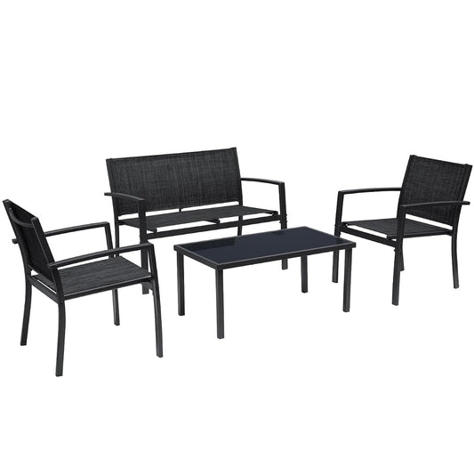 4 Pieces Patio Furniture Set Outdoor Conversation Textilene Fabric Chairs for Lawn, Garden, Balcony, Poolside with A Glass Coffee Table, Black