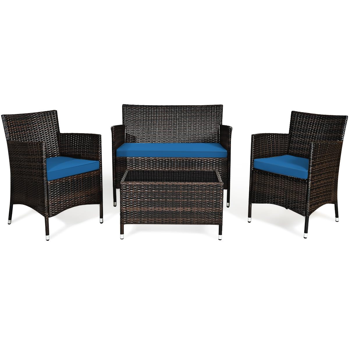 4-Piece Rattan Patio Set, Outdoor/Indoor Wicker Conversation Set for Pool, Backyard, Lawn, Wicker Chairs and Sofa with Soft Cushion, Rattan Furniture with Tempered Glass Coffee Table