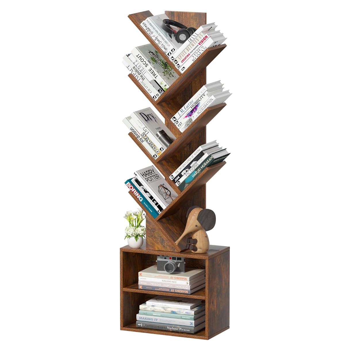 10 Tier Tree Bookshelf,Floor Standing Wood Tall Bookcase for Narrow Space, Storage Organizer Bookshelves for Books, Book Case for CDs/Movies/Books,Home Office,Living Room, Bedroom