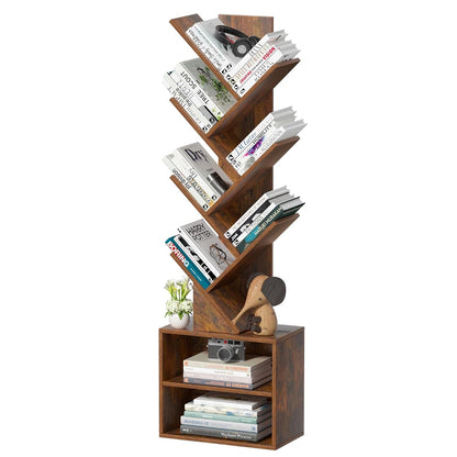 10 Tier Tree Bookshelf,Floor Standing Wood Tall Bookcase for Narrow Space, Storage Organizer Bookshelves for Books, Book Case for CDs/Movies/Books,Home Office,Living Room, Bedroom