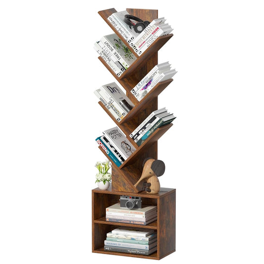 10 Tier Tree Bookshelf,Floor Standing Wood Tall Bookcase for Narrow Space, Storage Organizer Bookshelves for Books, Book Case for CDs/Movies/Books,Home Office,Living Room, Bedroom