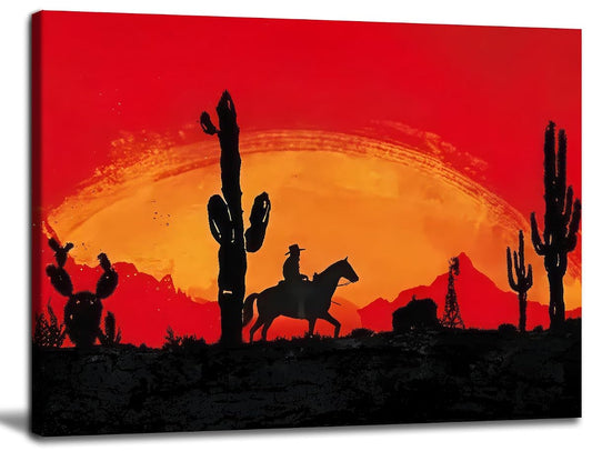 Western Cowboy Canvas Wall Art Red Sunset Wall Decor Desert Wilderness Cactus