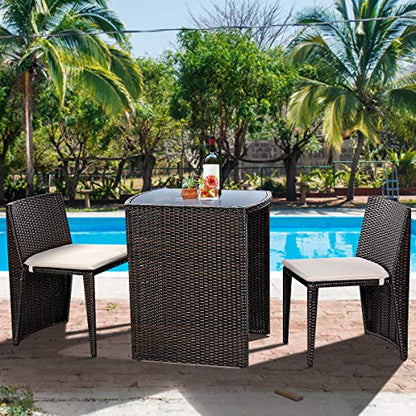 3 PCS Cushioned Outdoor Wicker Patio Set Convention Bistro Set Garden Lawn Space Saving Conversation Sofa Furniture No Assembly (Brown)