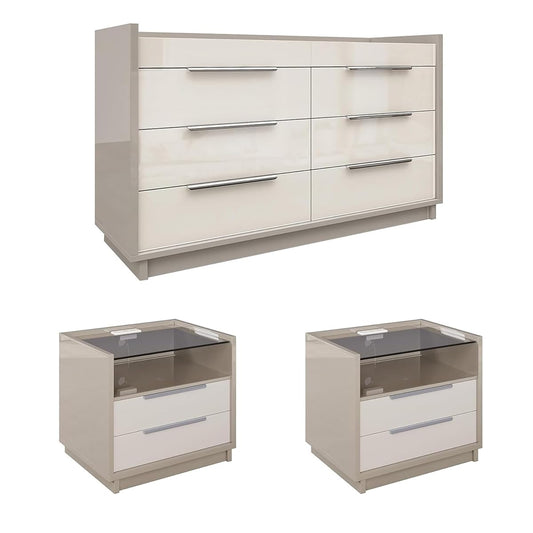 High Gloss Dresser Set, 3 Piece Bedroom Furniture Set, 8 Drawer Dresser with LED Light & 2 Nightstands with Charging Station, Modern UV Finish, Bedroom Storage Organizer, Cream & Grey
