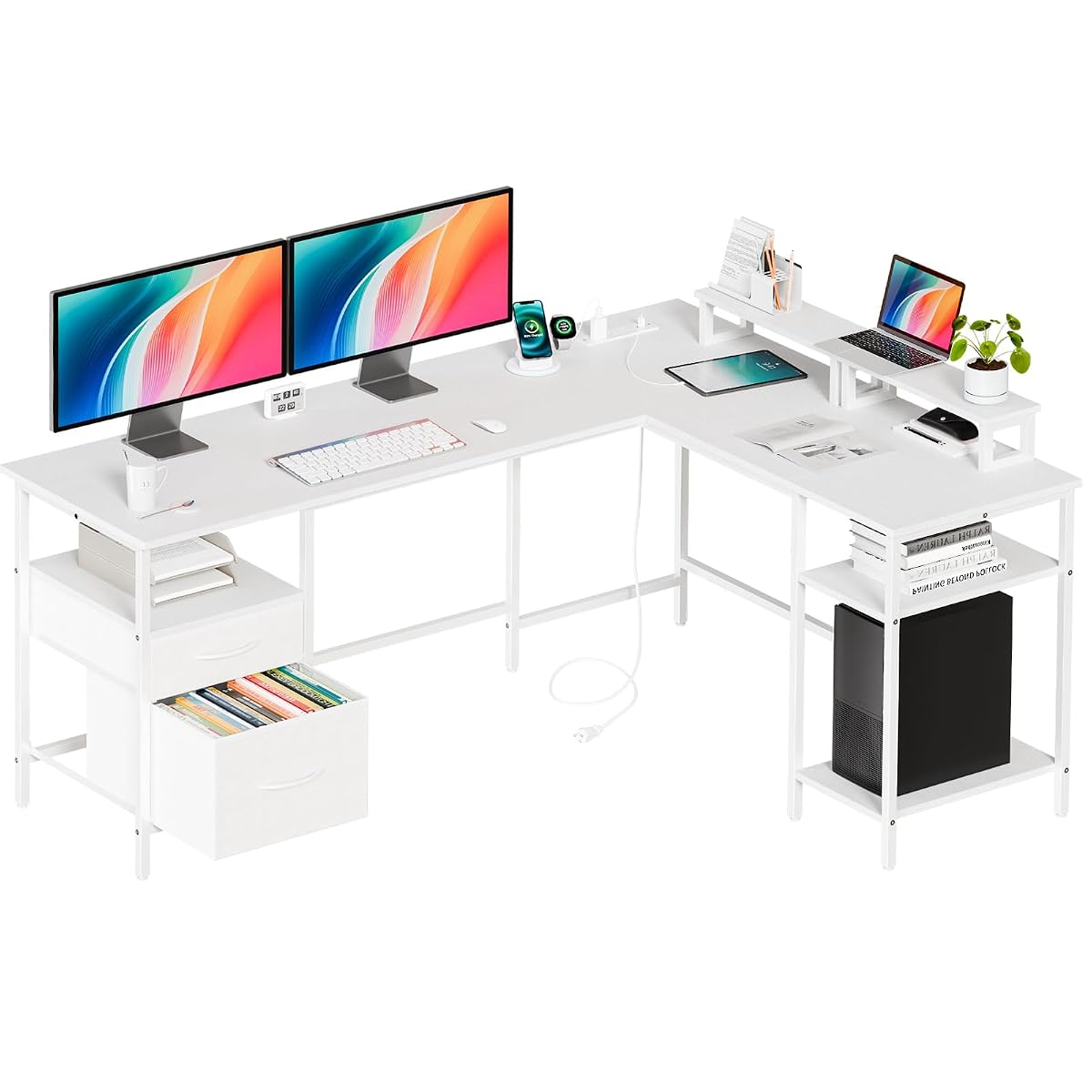 62” L Shaped Desk with Drawers and Power Outlet, White