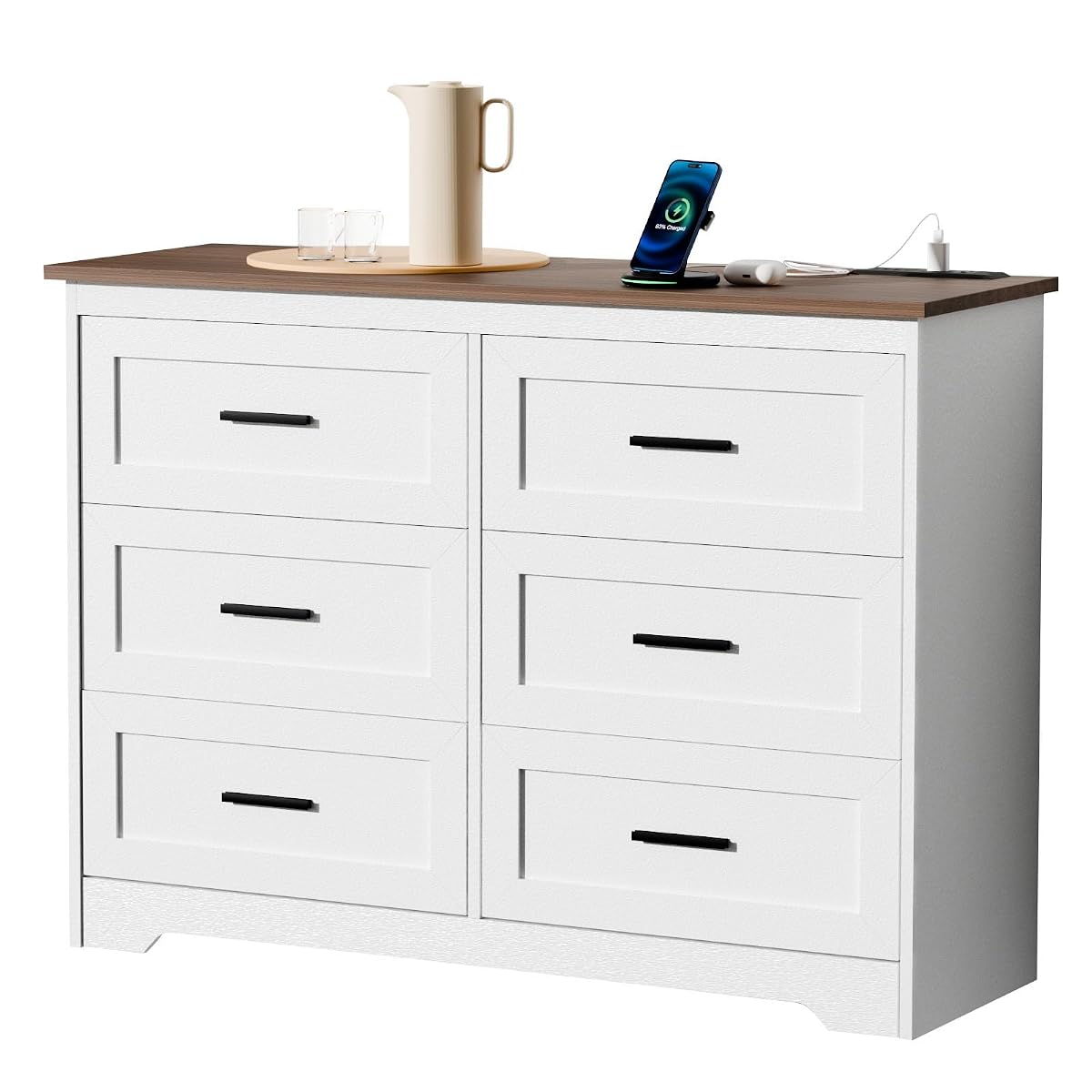 Farmhouse Dresser for Bedroom 6 Drawers Dresser with Power Outlets Rustic Chest